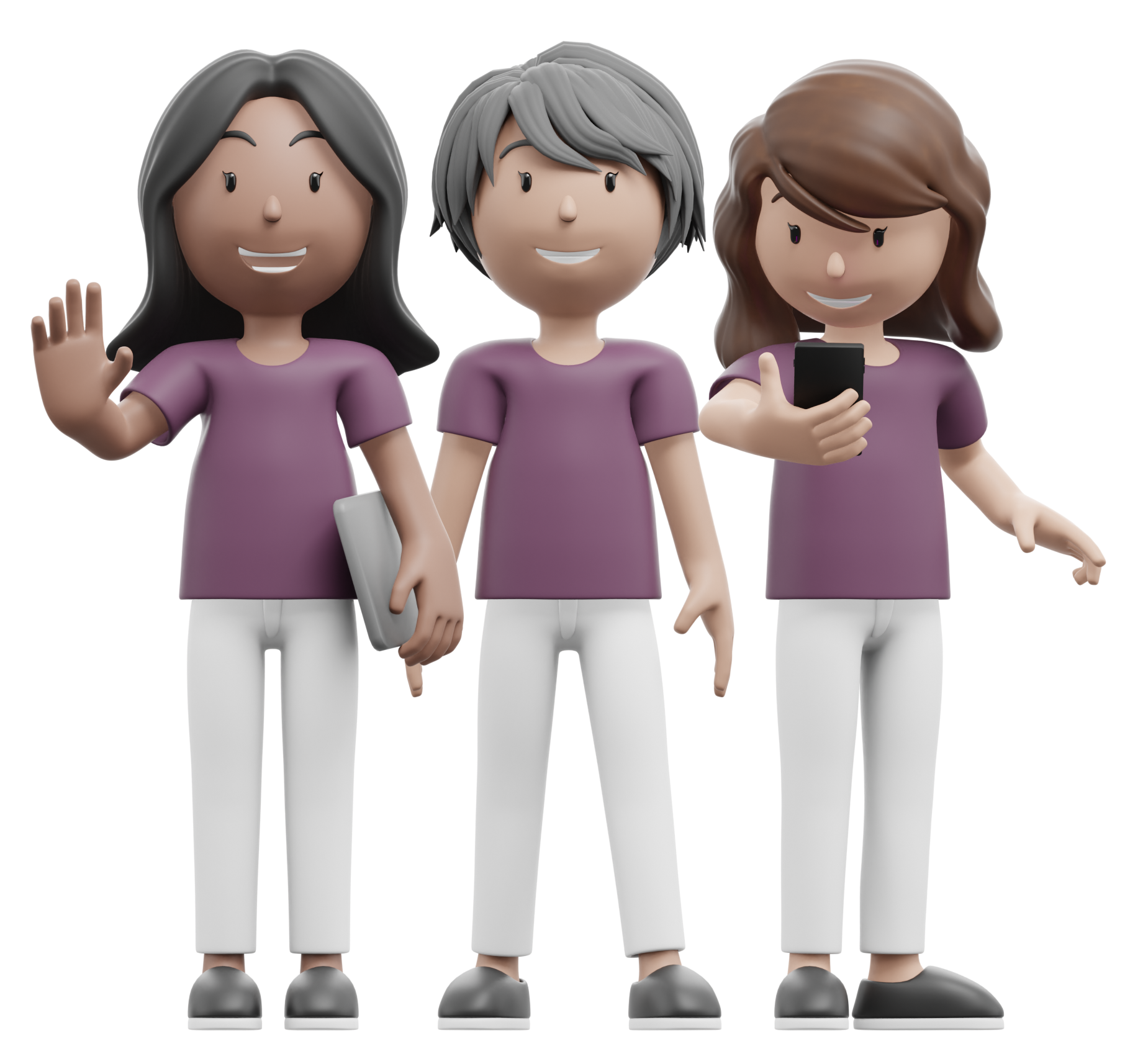 Three friendly cartoon characters standing together and smiling, dressed in Bramble Connect colours, representing connection, inclusion, and accessible support.
